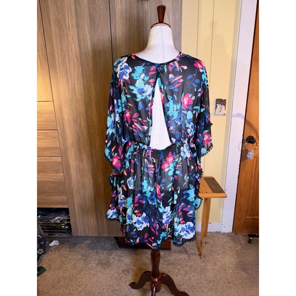 445. Floral Sheer Swim Cover Up Dress Black Blue Pink Smocked Waist Pom Pom Trim - Picture 3 of 4
